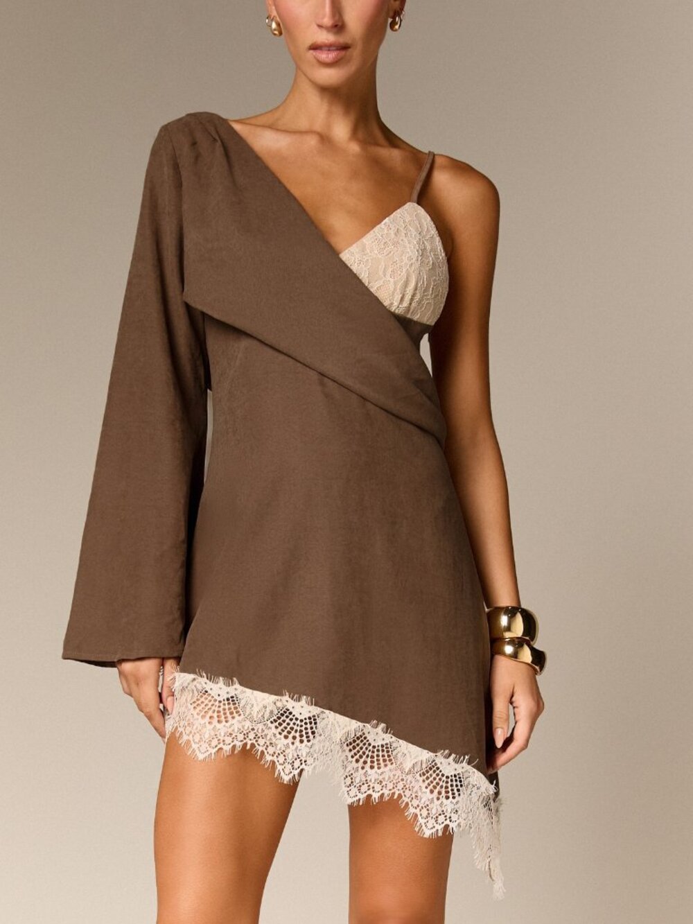 Brown Elegant Women's A Line asymmetrical Mini Dress